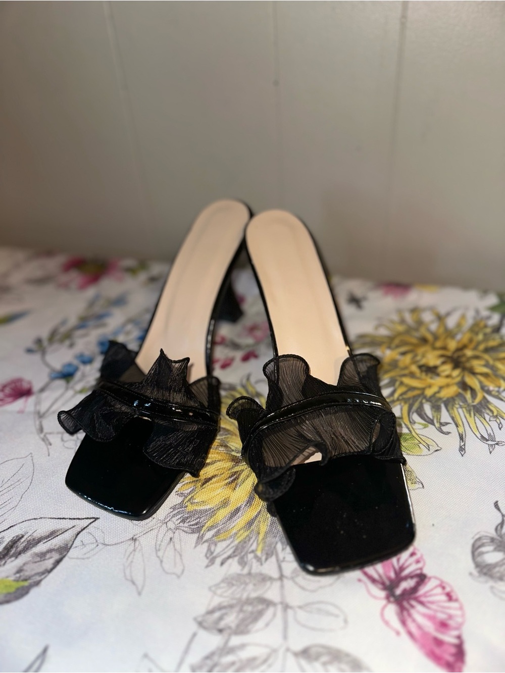 Elegant Black Ruffle Slide Mules with Square Toe